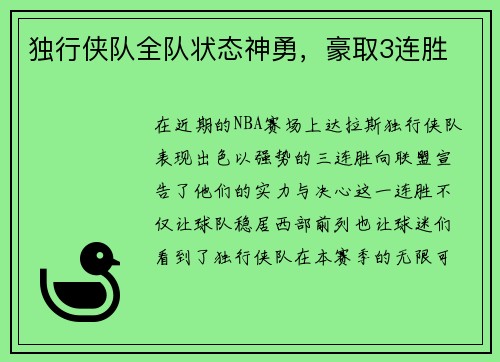独行侠队全队状态神勇，豪取3连胜